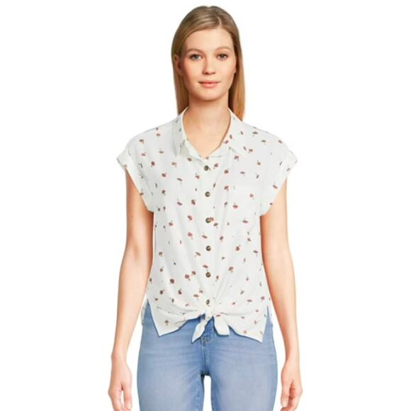 NO BOUNDARIES Juniors Short Sleeve Tie Waist Mushroom Shirt-size XXL(19) earthy - Picture 2 of 6